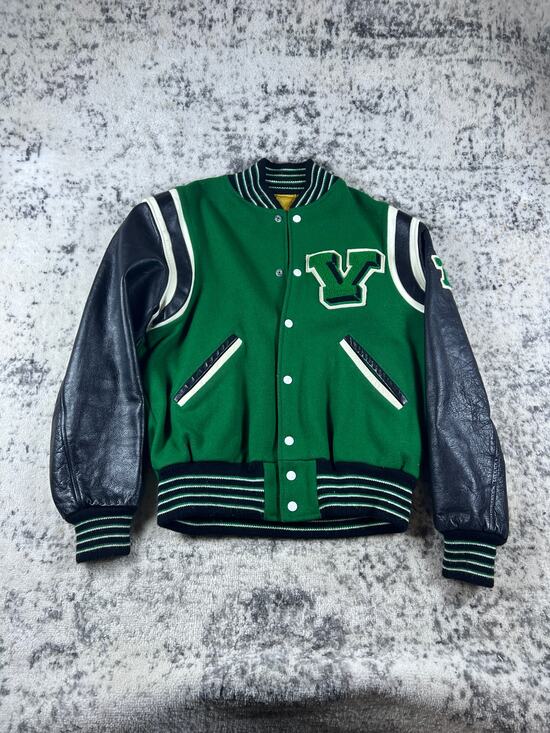 Unbranded Other - Vintage 70s Varsity Letterman Jacket Mens L Green Black Wool Leather Patch 76